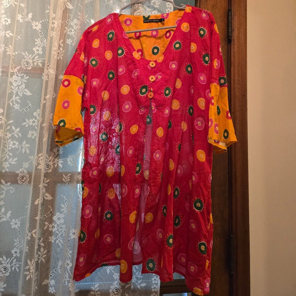 Sold  Gudrun Sjoden Cotton Blouse. Red with Multicolored circles. Size Large $55